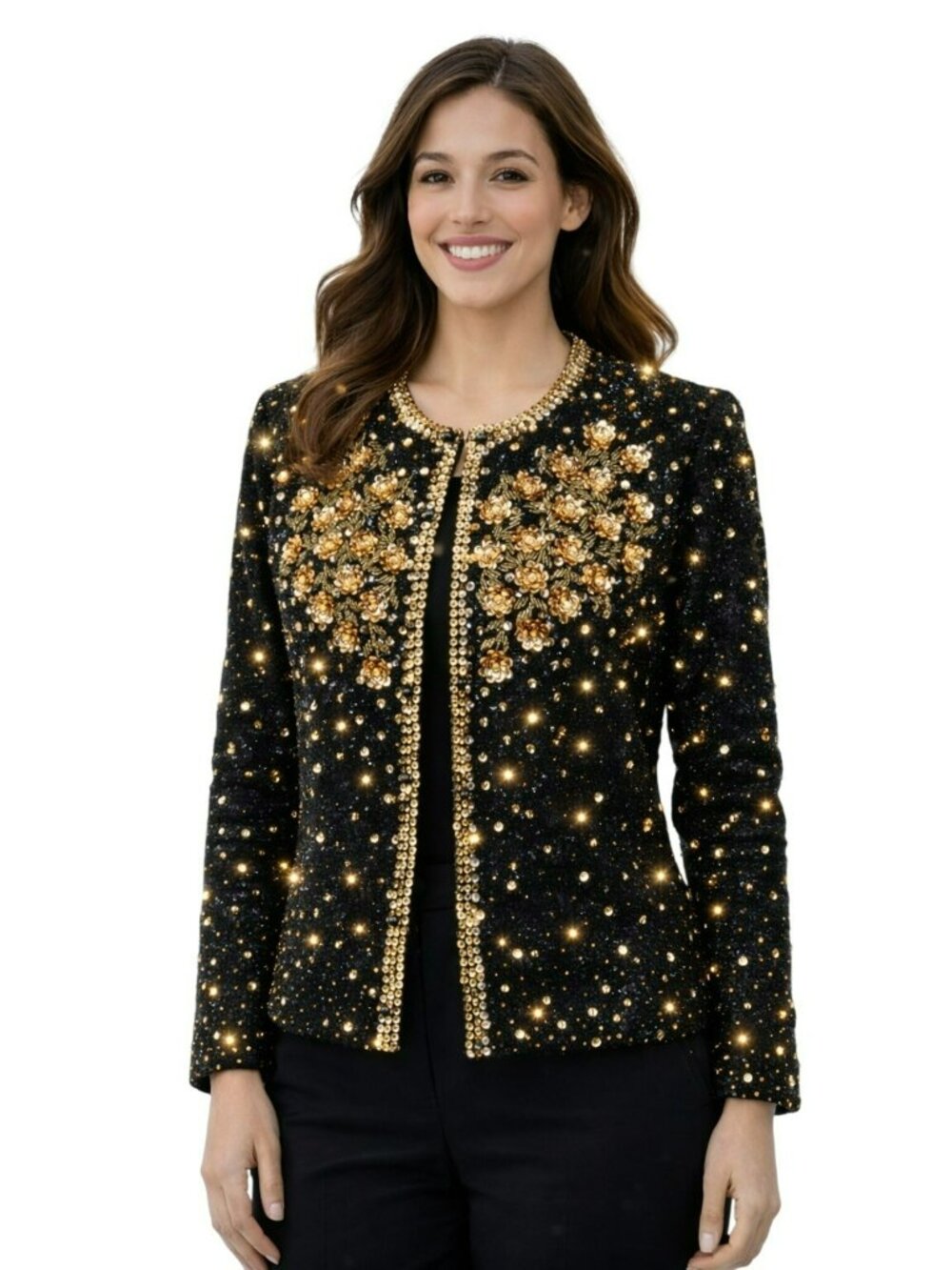 Vintage Black Cardigan Beaded With Gold Floral Embellishments & Sequins 48 - Picture 9 of 10